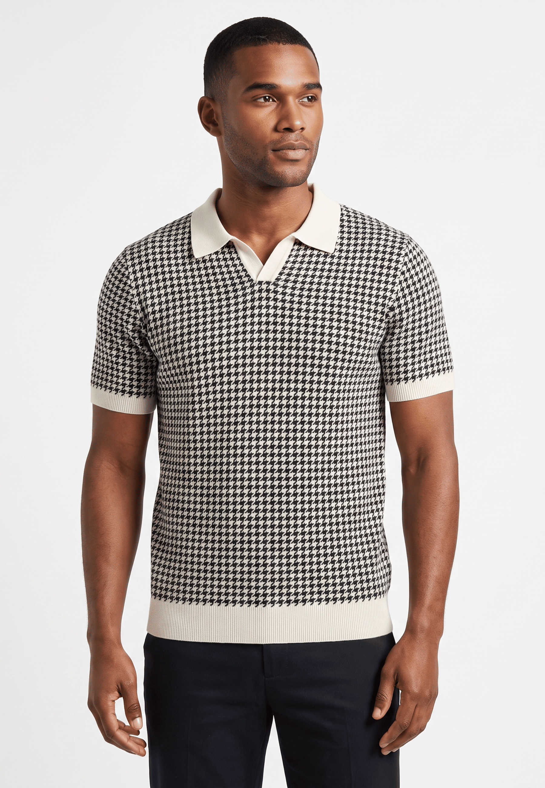 Cotton Buttonless Houndstooth Polo