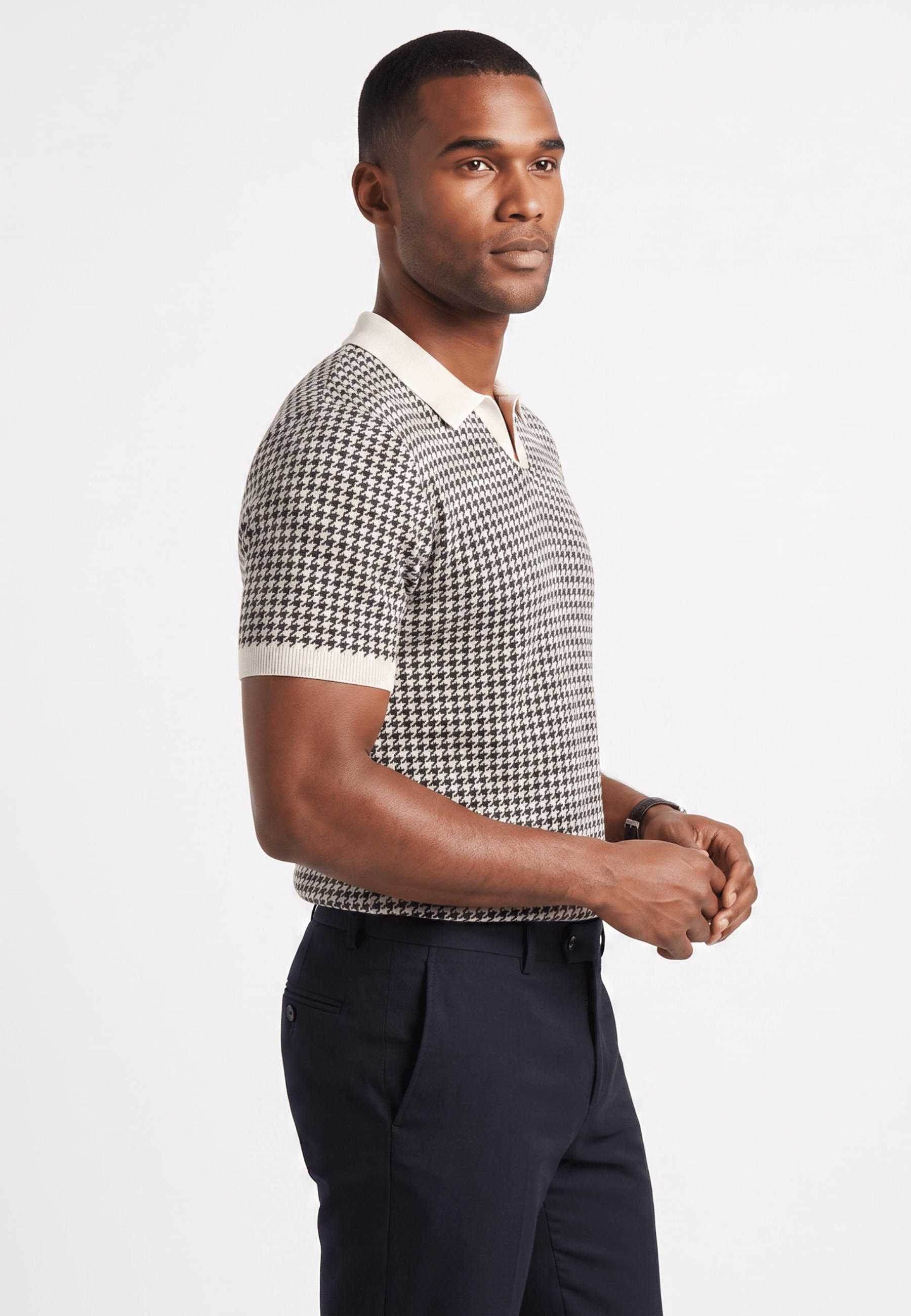 Cotton Buttonless Houndstooth Polo